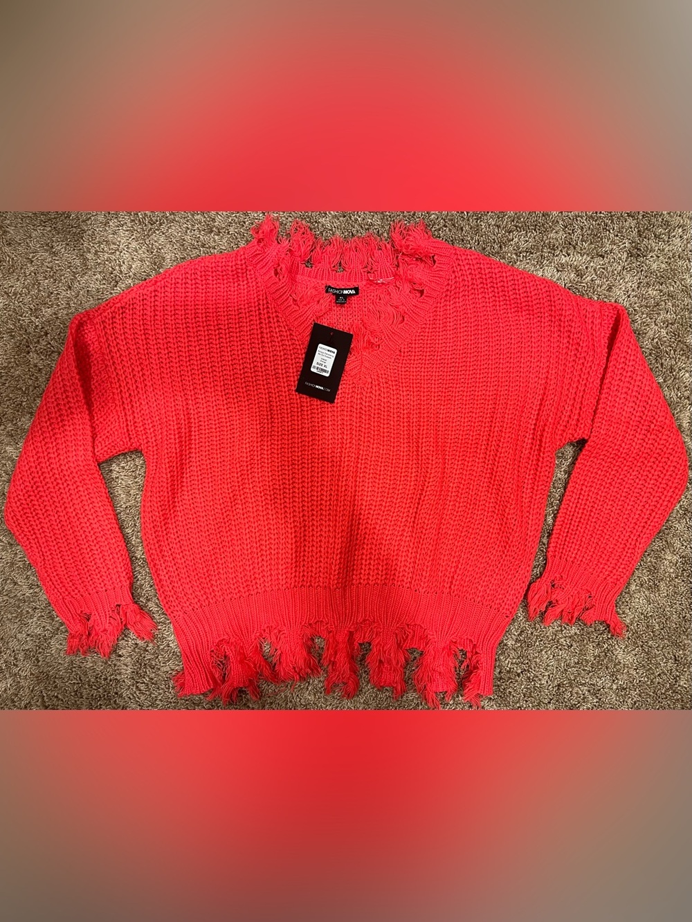 Fashion Nova Coral Fringe V-Neck Distressed Knit Sweater